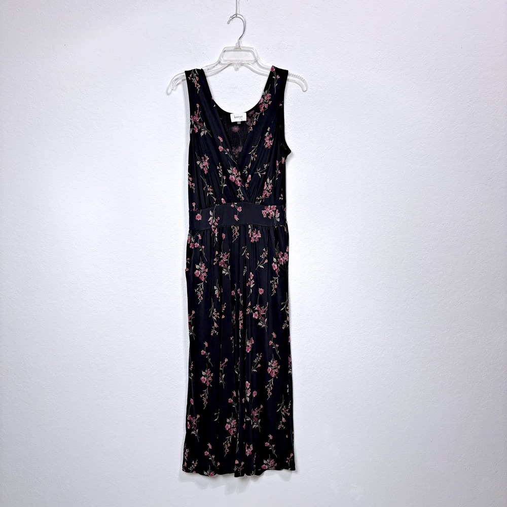 Korye Floral Surplice Sleeveless Wide Leg Jumpsuit Feminine Black Pink Women L‎